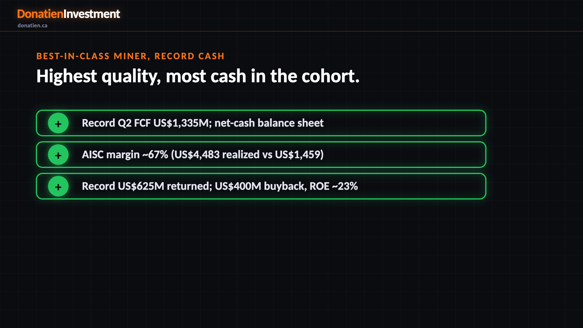 Best-in-class miner, record cash