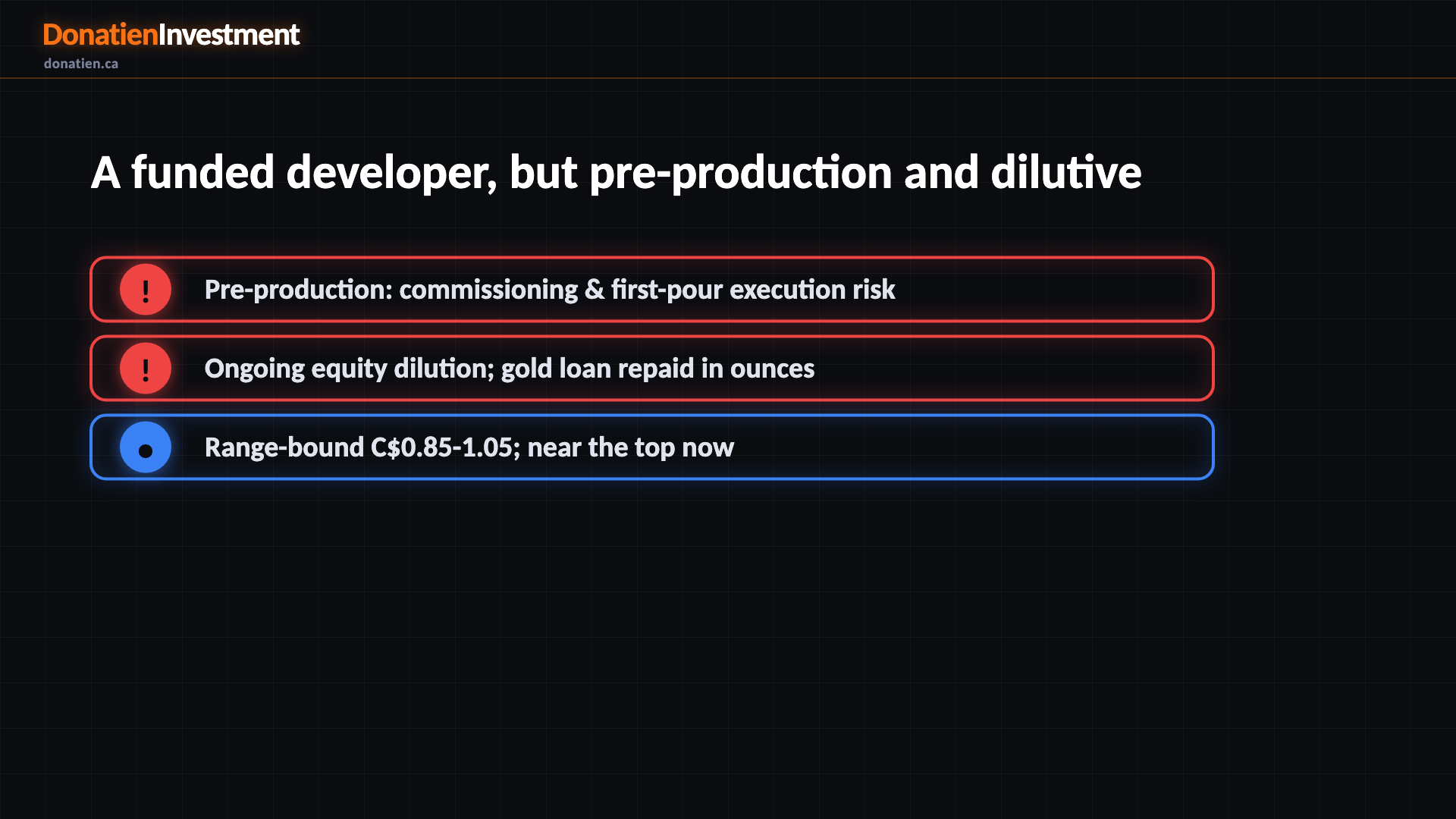 A funded developer, but pre-production and dilutive