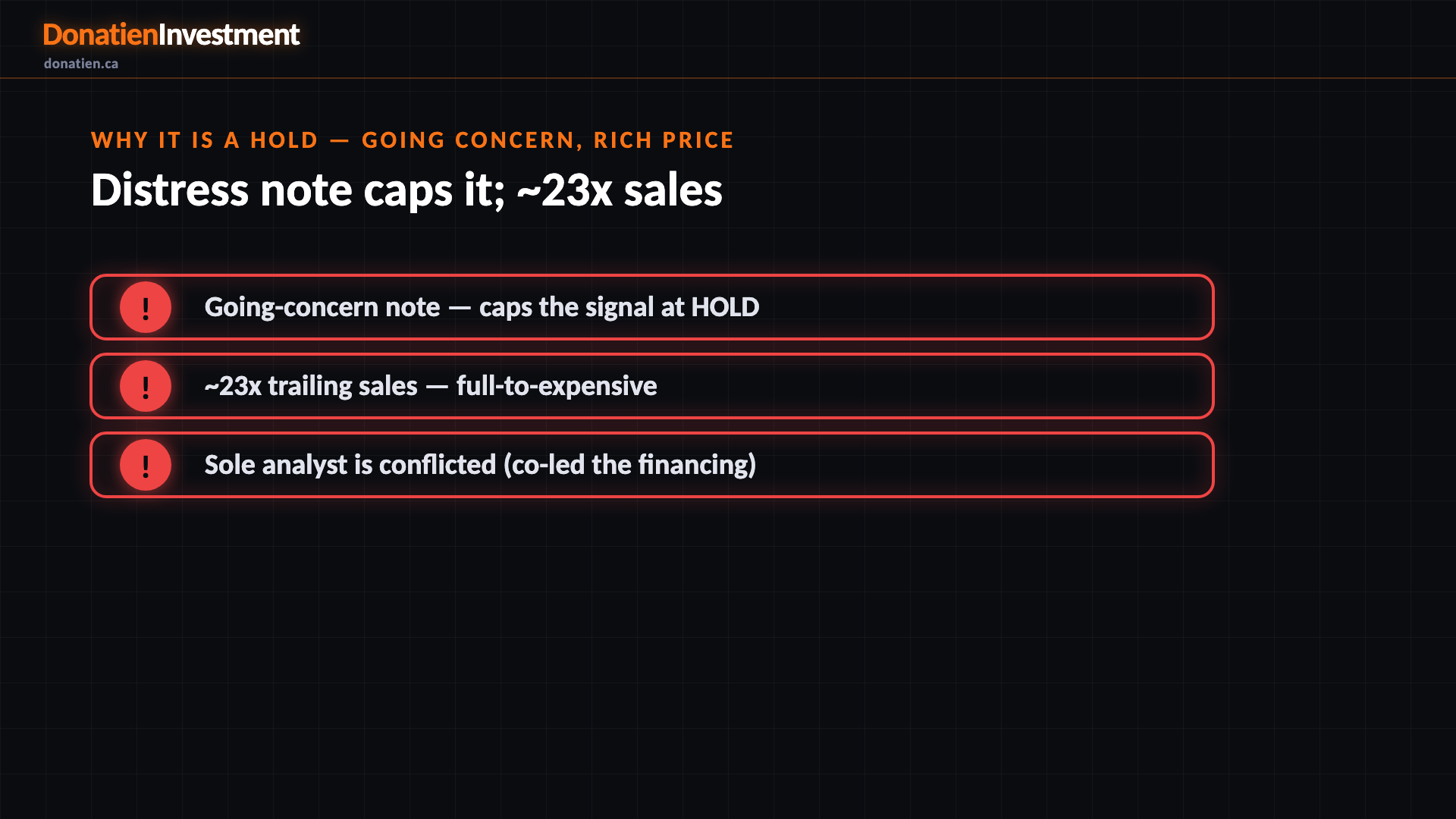Why it is a hold — going concern, rich price